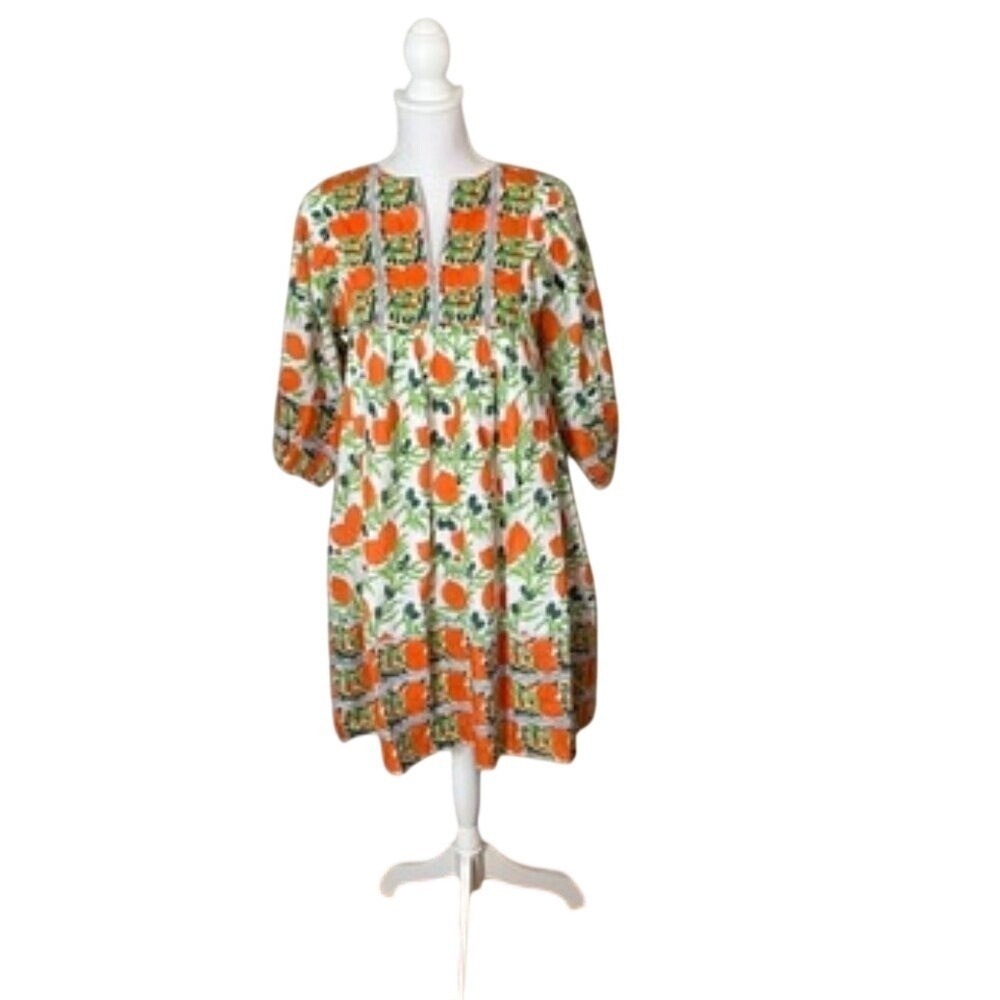 Islapayal Block Print Mini Dress Citrus Floral Boho Tunic Style NWT Size XS‎